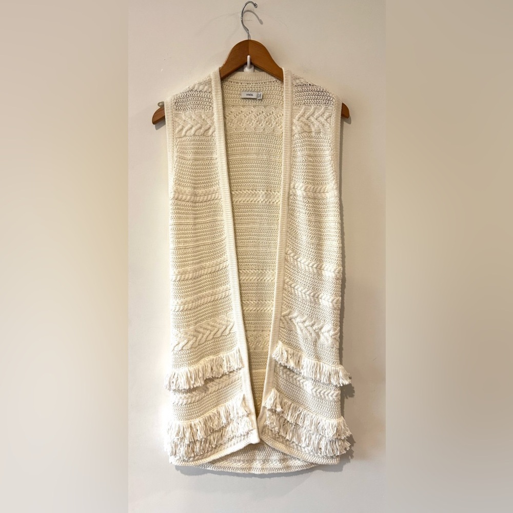 VINCE. 100% Cotton Fringe Knit Boho Cream Long Sweater Vest | XS |